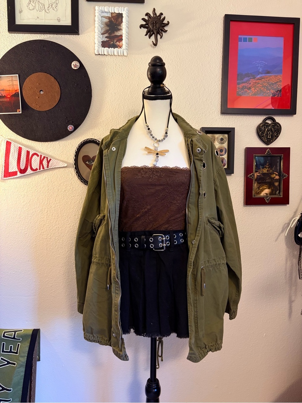 Love Tree Olive Green Army Jacket with Silver Eyelets